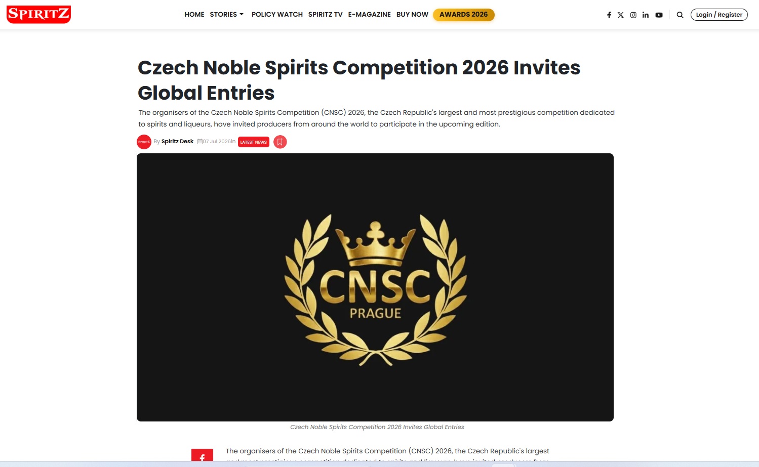 Czech Noble Spirits Competition opět posiluje svou pozici v Indii. Pozvánka do soutěže vyšla v prestižním magazínu Spiritz